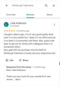 Edinburgh Cashmere repeat buyer reviewing multiple purchases over time